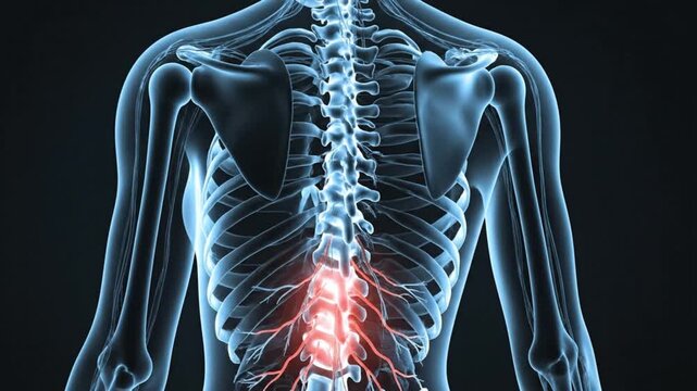 Human spine with highlighted lower back pain area on skeleton