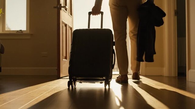 Traveler rolling a large black suitcase with wheels while stepping into bright sunlight near an open doorway carrying a jacket for an imminent departure or arrival.