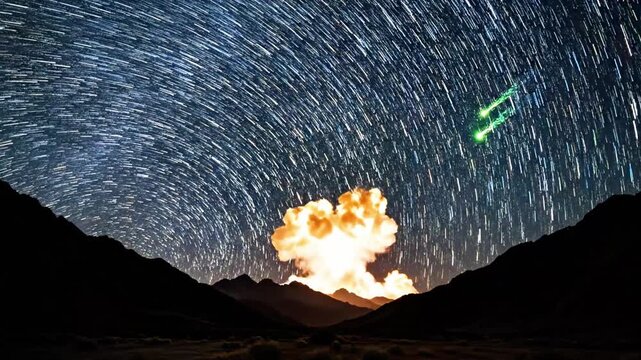 A night sky with a bright meteor streaking across, leaving a glowing trail, against a backdrop of stars and mountains