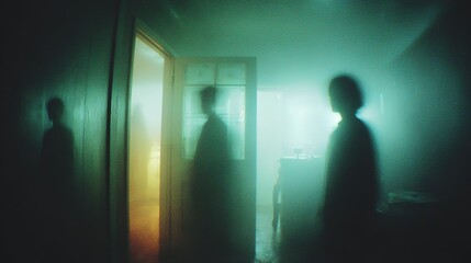 Fototapeta premium Blurry grainy green light on humanoid silhouette background, low resolution dark VHS found footage style effect