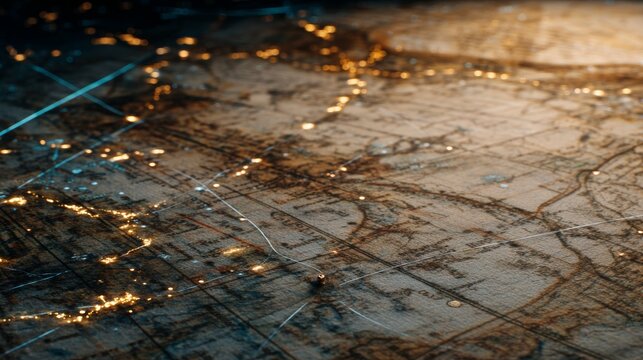 Vintage World Map Illuminated with Glowing City Lights and Network Lines