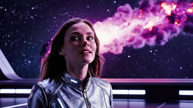 A woman in a metallic jacket exhales a vibrant purple smoke in a futuristic setting