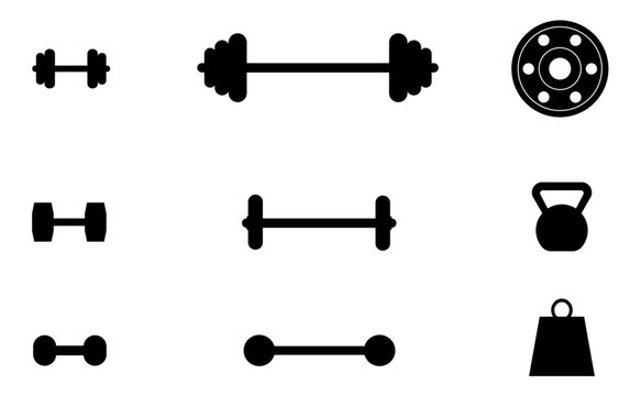 Ilustraci&oacute;n de silueta de pesas, barras, mancuernas y disco. Vector de herramientas de gimnasio. Icono de ejercicio, deporte y salud para sitio web, folleto, app y otros.