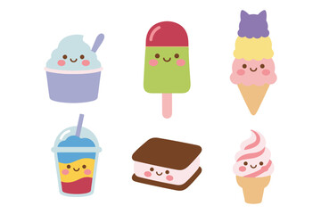 Sweet Ice Cream and Summer Dessert Character Collection Flat Vector