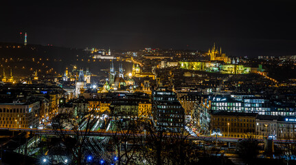 Fototapeta premium Night skyline of Prague with illuminated Old Town and Prague Castle, Czechia