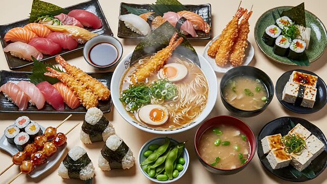 Overhead view of diverse Japanese food spread on a table