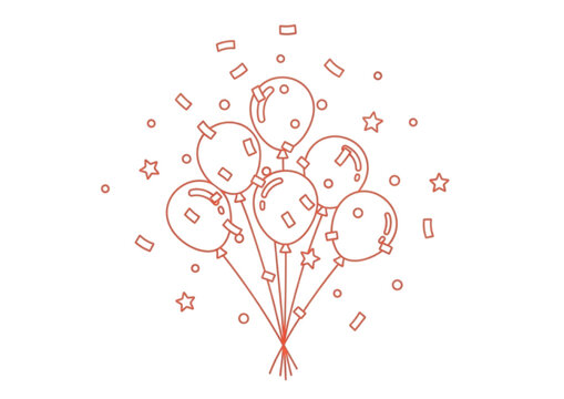 Vibrant red line art of festive balloons with confetti and stars, a cheerful graphic for celebrations