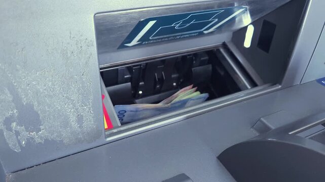 Man inserts cash into an ATM. Financial operations concept