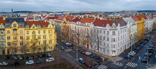 Fotobehang Tsjechië Aerial view of Karlin district Prague with red rooftops and city street  © alexey_fedoren