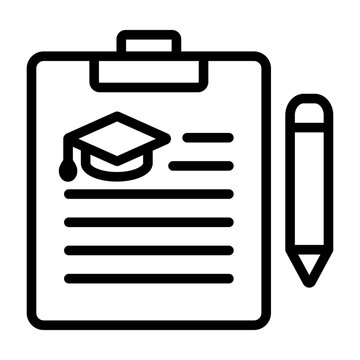 Line art of a clipboard with a graduation cap icon and a pencil showing a structured educational plan or syllabus