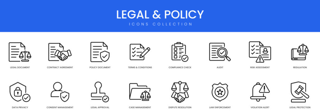 Professional linear icons representing legal documents, contract agreements, data privacy, and regulatory compliance