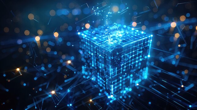 A glowing quantum computing core, floating abstract geometric cube made of bright blue digital particles, dark empty background, glowing light rays emitting from the center
