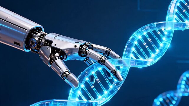 Robot hand near glowing DNA strand