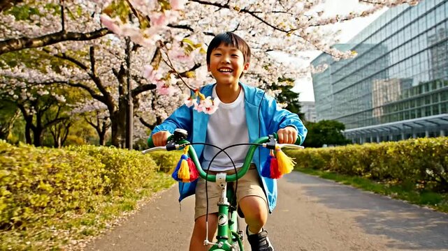 A joyful Asian boy embodies Kids Summer Adventures, brightly smiling while riding his green bicycle, colorful handlebar tassels creating a delightful blur amidst blooming cherry blossoms.