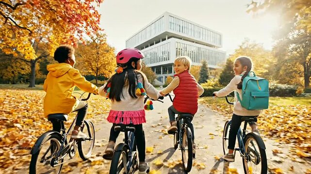 Cheerful kids enjoy summer adventures, cycling on an autumn park path, a handlebar tassel blur highlighting their happy journey toward modern architecture in sunshine.