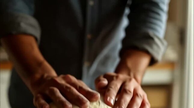 A person's hands are actively kneading a ball of dough on a surface, preparing it for baking.