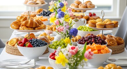 Lavish Brunch Feast: A table overflows with an enticing array of delectable pastries, fresh fruits, and vibrant floral arrangements, creating a feast for the eyes and a celebration of flavor.