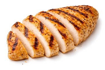 Grilled chicken fillet slices isolated on white background, succulent and perfectly cooked protein
