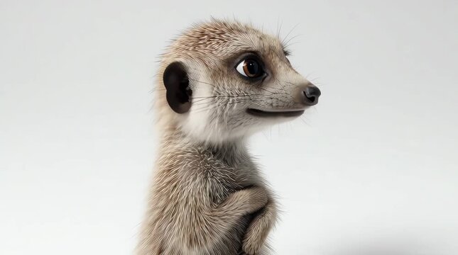 Close-up of a charming meerkat with expressive eyes and a playful smile on a clean white background.