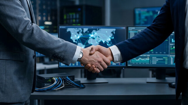 Businessmen in suits shaking hands in high tech data center control room for cyber security partnership and global information technology network agreement with server monitors