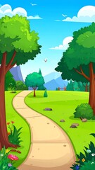 Fototapeta premium Serene Cartoon Pathway Through Green Landscape.