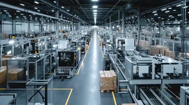 A long, wide shot of a modern, automated factory floor with machinery, conveyor belts, and stacked boxes in an industrial setting.