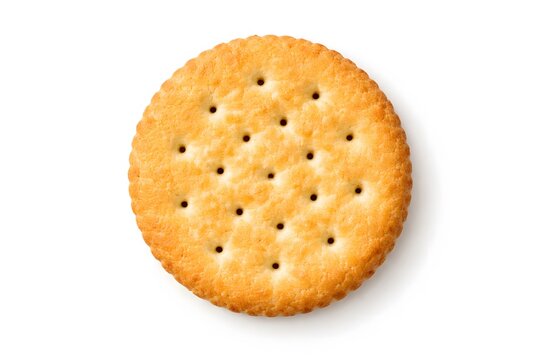 Round cracker biscuit, single golden baked snack with small holes, isolated shot