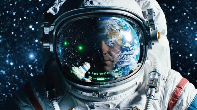 A close-up of an astronaut in a white spacesuit with a reflective helmet visor