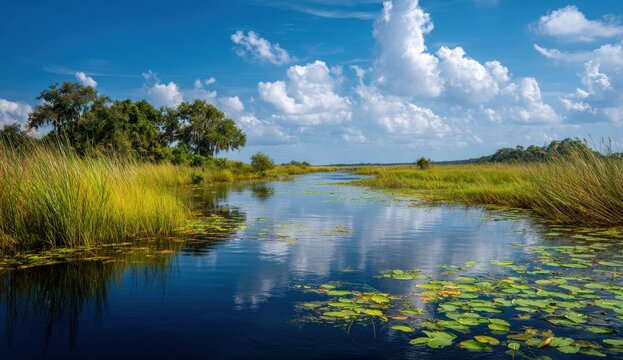 Serene Okavango Delta - Water Reflection, Lush Grass, and Dramatic Sky.