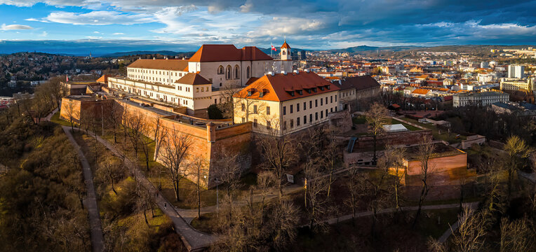 Spilberk Castle and historic rooftops at sunset, Brno, Czech Republic skyline
