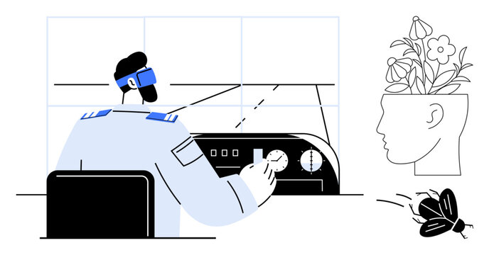 Pilot managing aircraft controls in a cockpit. Head with blooming flowers symbolizing creativity and growth. Ideal for innovation, mindfulness, aviation, leadership, imagination, progress, and focus