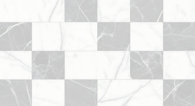 Close-up of a modern checkered pattern featuring alternating white and grey marble tiles with subtle natural veining, suitable for flooring or wall decor.