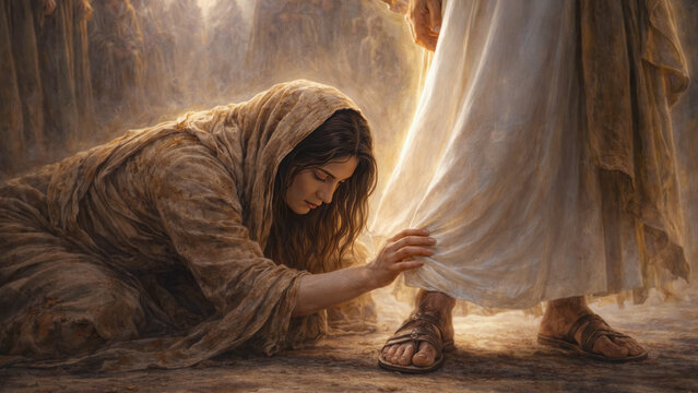 Woman touching the robe of Jesus healing faith biblical illustration