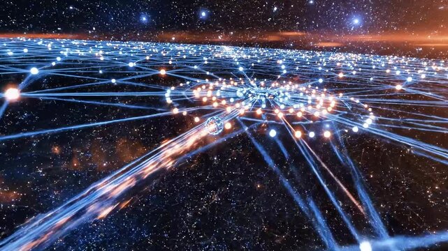 A futuristic network visualization with glowing blue lines and nodes on a starry night sky background
