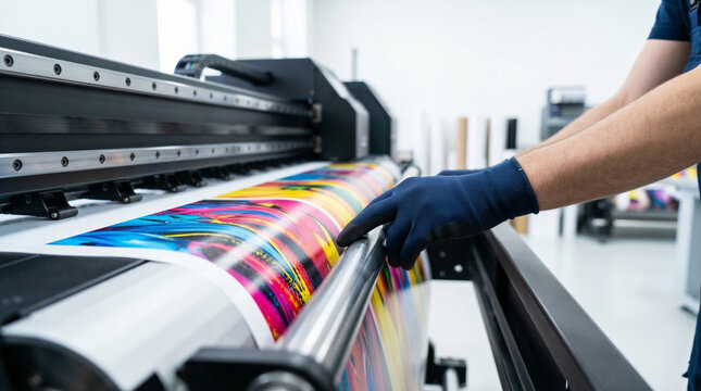 Worker operating wide format plotter printing colorful advertising