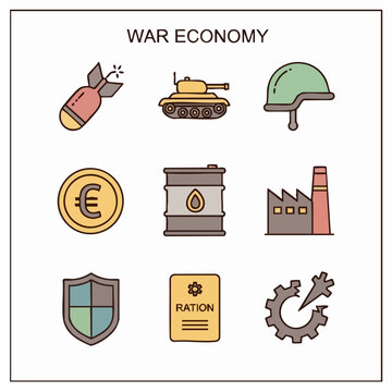 Iconic symbols illustrating war economy and military industry.