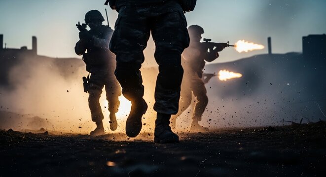 Armed soldiers in tactical gear with rifles, advancing through a dusty, low-light environment during an intense military operation or combat training, highlighting dynamic action and muzzle flashes