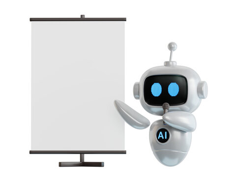 3D illustration of ai robot with Blank Board as Presentation of Information.Transparent Background Mockup.Supports PNG files with transparent backgrounds.