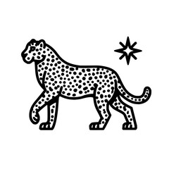 Fototapeta premium A black and white drawing of a spotted leopard walking next to a star with eight points on a white background