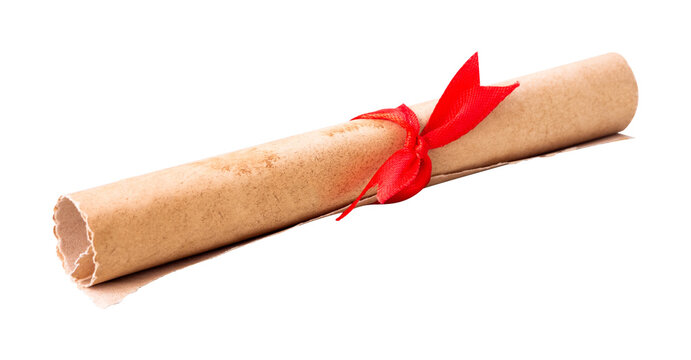 scroll of old paper with red ribbon isolated on white