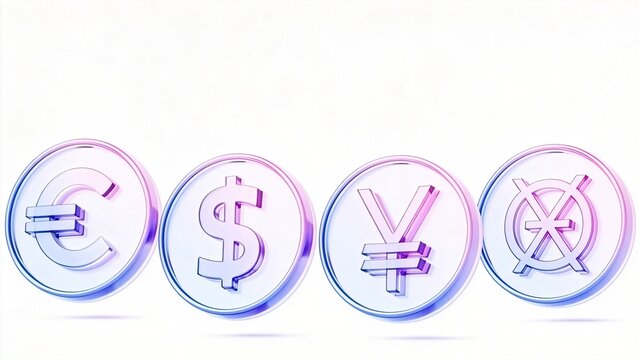 3D render of glass currency symbols euro dollar yen and bitcoin holographic gradient coins on white background financial technology concept global economy crypto assets digital