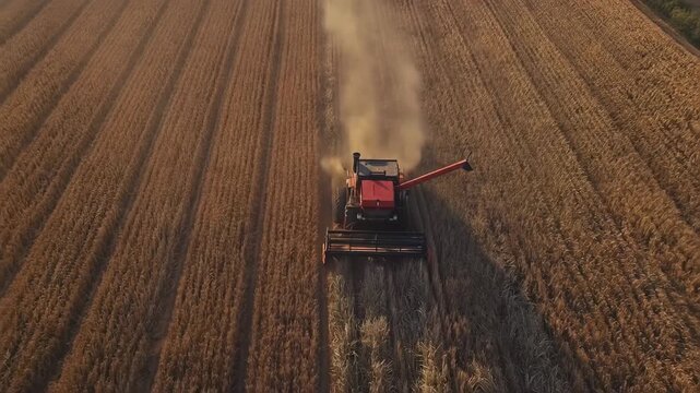 夕日の畑で収穫機が大麦を刈り進み、長い影と塵が帯状に流れる