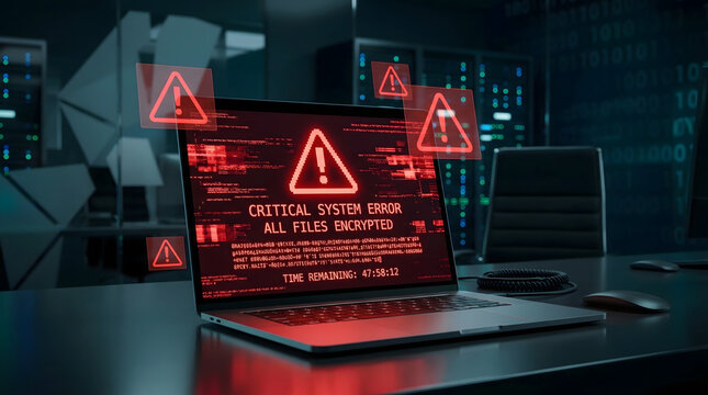 laptop screen displaying critical system error and encrypted files message with red warning icons in dark server room representing ransomware cyber attack and data security breach