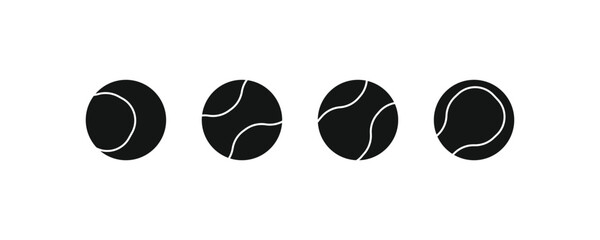 Fototapeta premium Four tennis balls arranged in a row. Dark gray with white stitching lines. Simple minimalist design. Perfect for sports or game themes. Ideal for digital or print media use