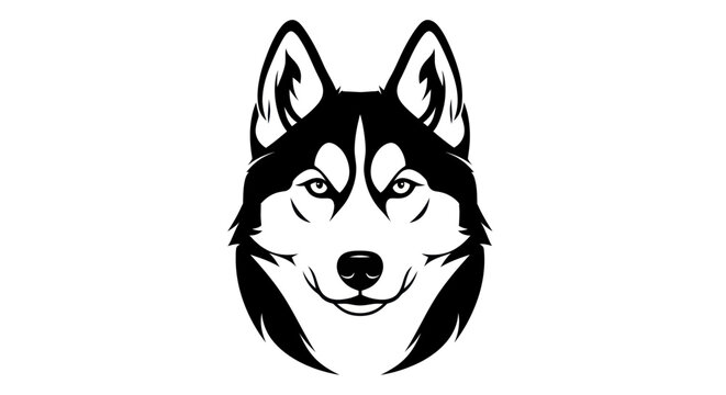 Graphic illustration of a husky dog face in black and white design