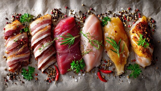 Assorted Raw Meats - Bacon, Tuna, Chicken, Marinated, Herbs, Spices, Culinary Preparation.