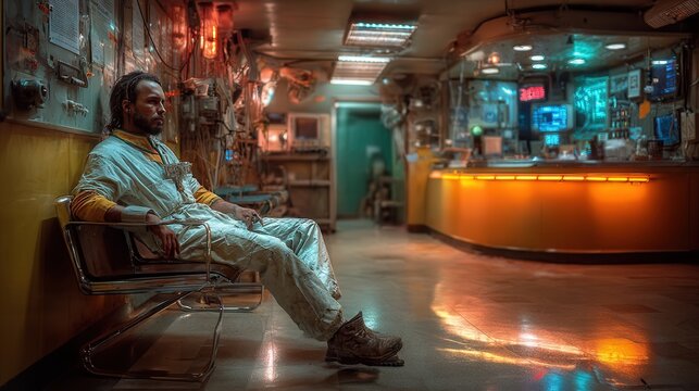 Realistic shot of exhausted doctor sitting on bench in dimly lit hospital hallway reflecting emotional realism and hard work in healthcare.