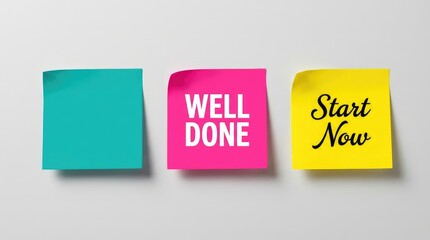 Three vibrant sticky notes featuring motivational messages Start Now and Well Done on a cl