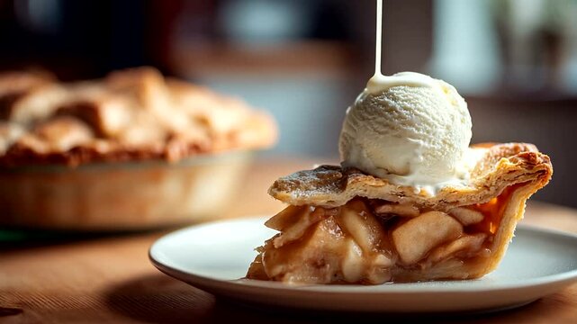 Delicious apple pie slice with ice cream on plate