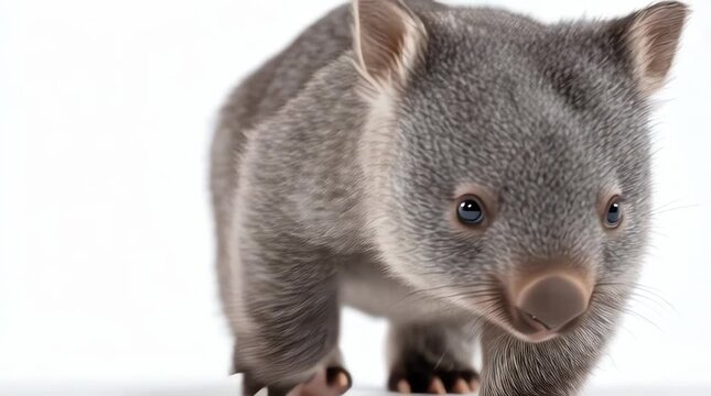 Adorable Wombat Walking Towards Camera on White Background.
